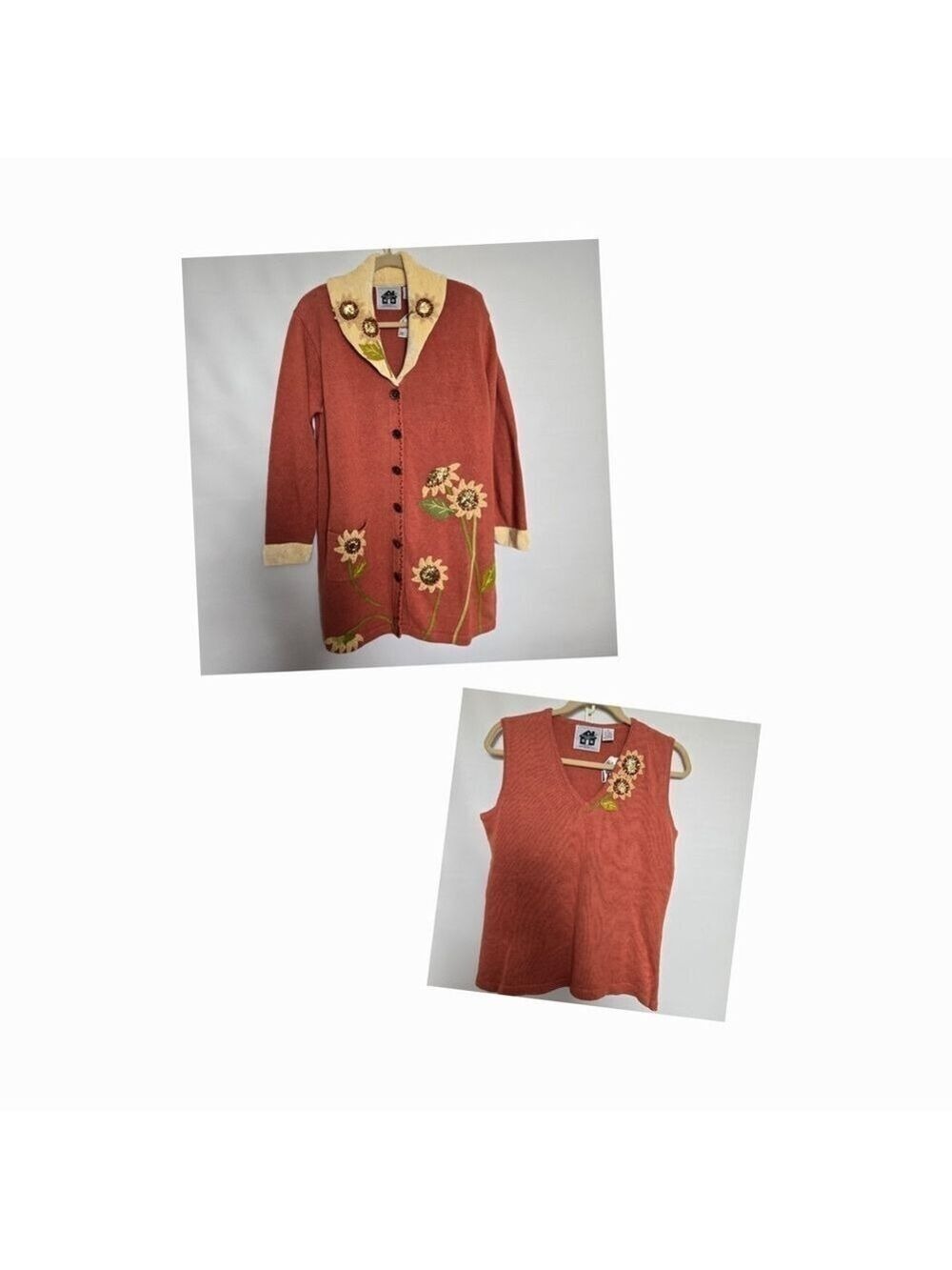 STORYBOOK KNITS SWEATER WOMENS SUNFLOWER CARDIGAN & TOP SET RARE SIZE L&M